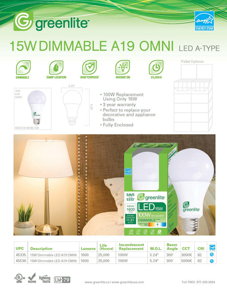 Greenlite 15 watt 5000k LED Dimmable Light Bulb