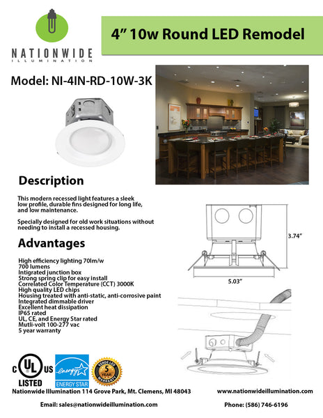 Nationwide Illumination 4" 10w LED Round Remodel Recessed Can