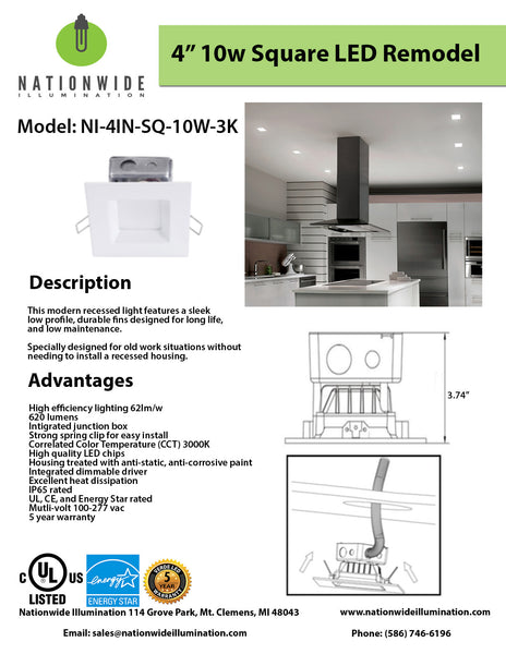 nationwide illumination 4" 10w led square remodel recessed