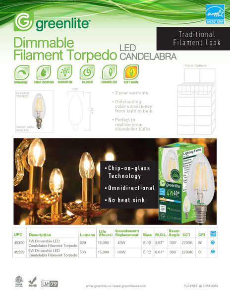 Greenlite 4W Dimmable Candle Filament Torpedo Bulb Clear E 12 Base