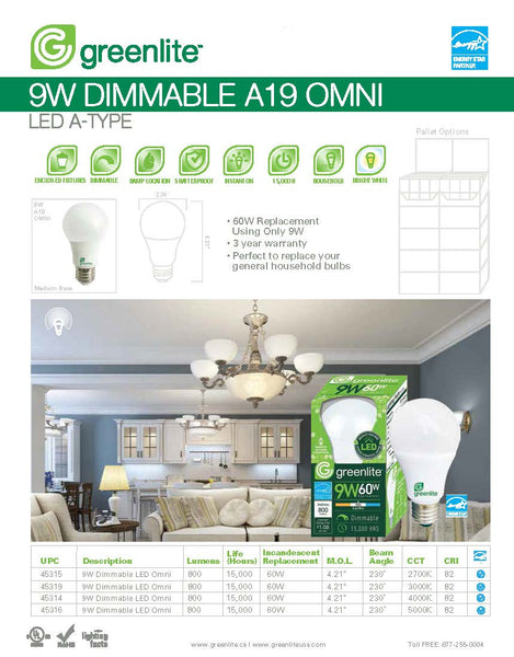 Greenlite 9W LED Bulb A19 Dimmable