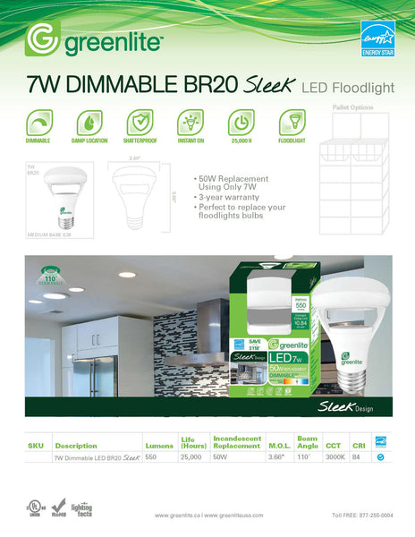 Greenlite 7 watt BR20 Sleek LED Dimmable Light Bulb